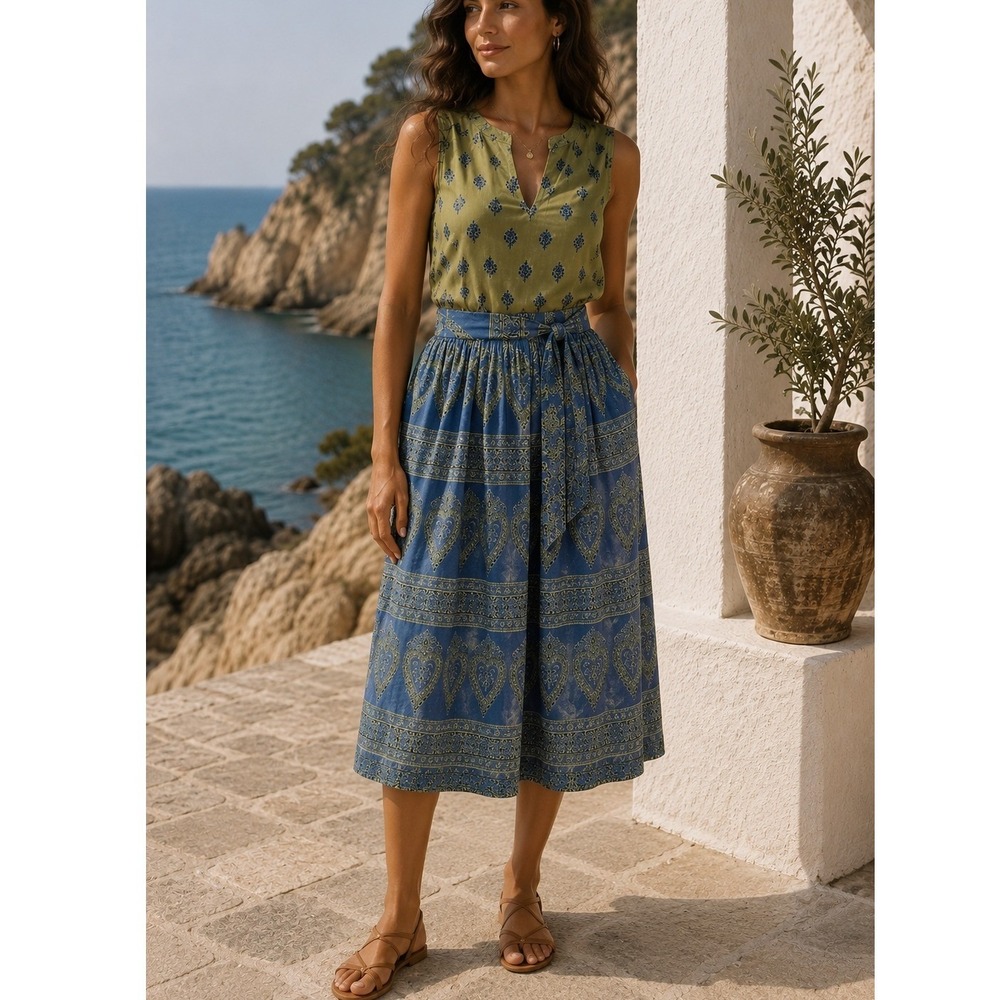 NEW VOY Women's Large Blue Cream Mixed Print Linen Blend Sleeveless Midi Dress